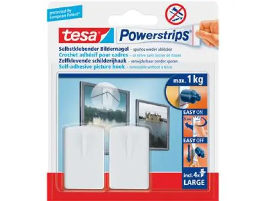 Selbstklebender Bildernagel Tesa 58031-00020-01 Powerstrips Bilderhaken, 2 Haken + 4 Strips Large (2x5cm), max. 1kg, Pack 2 Nägel(Haken) + 4 Strips