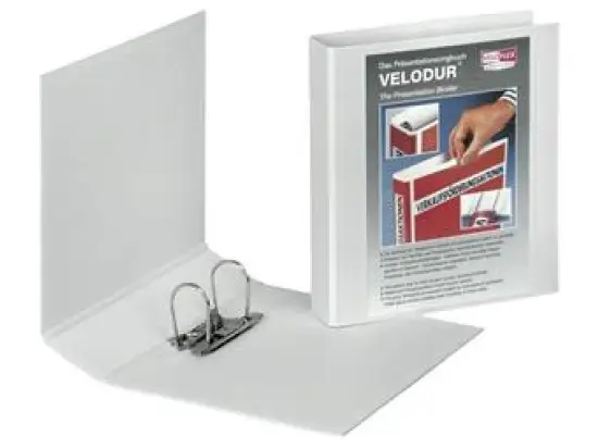 Präsentationsringbuch Veloflex 1142190 Velodur A4, 2 Ringe Ø 60 mm, Pappe/PP-Folie, Hebelmechanik, 2 Außentaschen, weiß