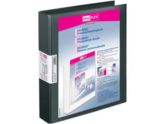 Präsentationsringbuch Veloflex 4147180 Velodur A4, 2 Ringe Ø 30 mm, Pappe/PP-Folie, D-Ring-Mechanik, 2 Außentaschen, schwarz