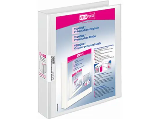 Präsentationsringbuch Veloflex 4147190 Velodur A4, 2 Ringe Ø 30 mm, Pappe/PP-Folie, D-Ring-Mechanik, 2 Außentaschen, weiß
