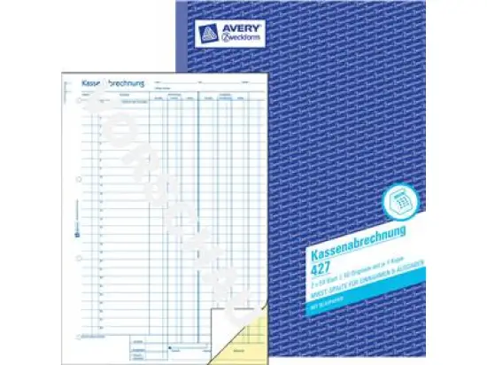 Kassenabrechnung Avery Zweckform 427 A4, 2 x 50 Blatt, Mehrwertsteuerspalte Einnahmen/Ausgaben