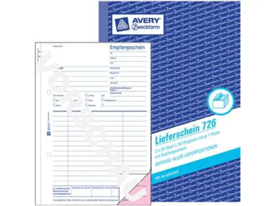 Lieferschein Avery Zweckform 726 A5, 2 x 50 Blatt, mit Blaupapier, selbstdurchschreibend, mit Empfangsschein