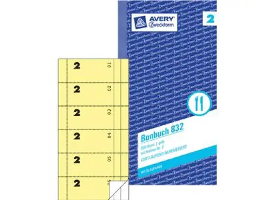 Bonbuch Avery Zweckform 832 105 x 198 mm, 300Bons, mit Blaupapier, gelb, Pack 5 Stk