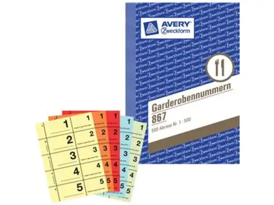 Garderobennummern Avery Zweckform 867 A6, 500 Abrisse, Nr. 1 - 500, 5 Farben: rot/orange/blau/grün/gelb
