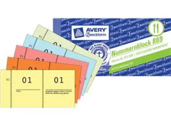 Nummernblock Avery Zweckform 869 105 x 53 mm, Gesamtabrisse Nr. 1-1000, Abrisse Nr. 1-100, 5Farben sortiert, Pack 50 Stk