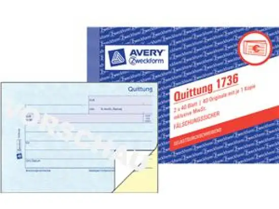 Quittung Avery Zweckform 1736 A6-quer, 2 x 40 Blatt, selbstdurchschreibend, inklusive MwSt., fälschungssicher