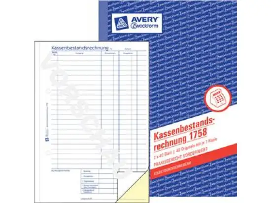 Kassenbestandsrechnung Avery Zweckform 1758 A5, 2 x 40 Blatt, selbstdurchschreibend