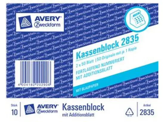 Kassenblock Avery Zweckform 2835 2 x 50 Blatt, A6, mit Additionsblatt, Pack 10 Stk