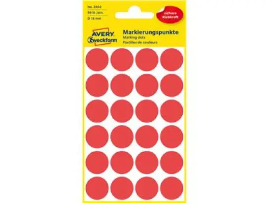 Markierungspunkte Avery Zweckform 3004 Ø 18mm rund, selbstklebend, rot, Pack 96 Stk/4 Blatt