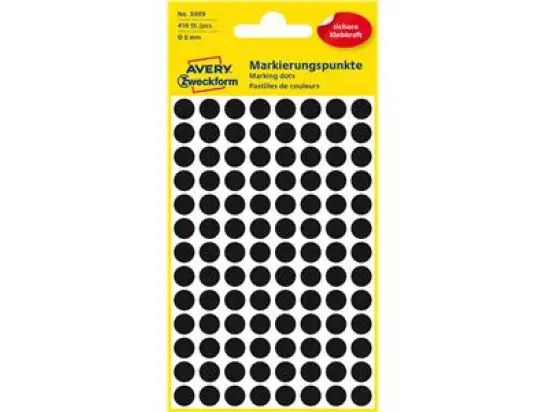 Markierungspunkte Avery Zweckform 3009 Ø 8mm rund, selbstklebend, schwarz, Pack 416 Stk/4 Blatt