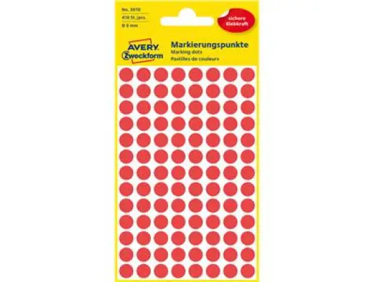Markierungspunkte Avery Zweckform 3010 Ø 8mm rund, selbstklebend, rot, Pack 416 Stk/4 Blatt