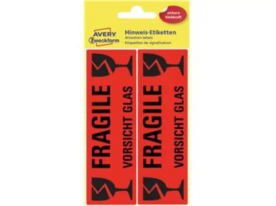 Etiketten Vorsicht-Glas Avery Zweckform 3050 119 x 38 mm, leuchtrot, selbstklebend, Pack 10 x 10 Stk/10 Blatt