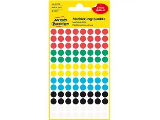 Markierungspunkte Avery Zweckform 3090 Ø 8mm rund, selbstklebend, 6 Farben: rot/grün/gelb/blau/schwarz/weiß, Pack 10 x 416 Stk/4 Blatt