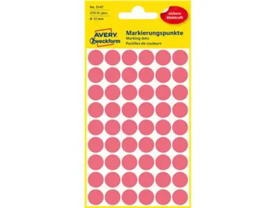 Markierungspunkte Avery Zweckform 3147 Ø 12mm rund, selbstklebend, leuchtrot, Pack 270 Stk/5 Blatt
