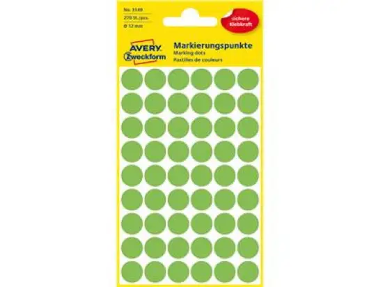Markierungspunkte Avery Zweckform 3149 Ø 12mm rund, selbstklebend, leuchtgrün, Pack 270 Stk/5 Blatt