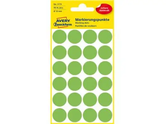 Markierungspunkte Avery Zweckform 3174 Ø 18mm rund, selbstklebend, leuchtgrün, Pack 96 Stk/4 Blatt