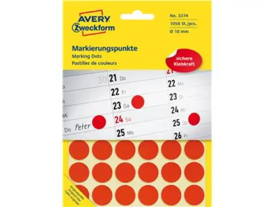 Markierungspunkte Avery Zweckform 3374 Ø 18mm rund, selbstklebend, rot, Pack 1056 Stk/22 Blatt