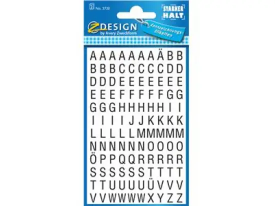 Selbstklebende Buchstaben Avery Zweckform 3720 6,5mm Buchstaben A-Z, Helvetica, Folie, glänzend, schwarz/weiß, Pack 240 Stk/2 Bogen