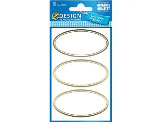 Haushaltsetiketten Avery Zweckform 59419 Z-Design oval, Rahmen gold, selbstklebend, wiederablösbar, konturgestanzt, Pack 10 x 6 Stk/2 Blatt