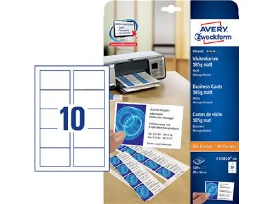 Visitenkarten Avery Zweckform C32010-10 Classic 85 x 54 mm, A4, 185g, mikroperforiert, beidseitig, weiß, matt, Inkjet Laser Kopierer, Pack 100 Stk/10 Blatt