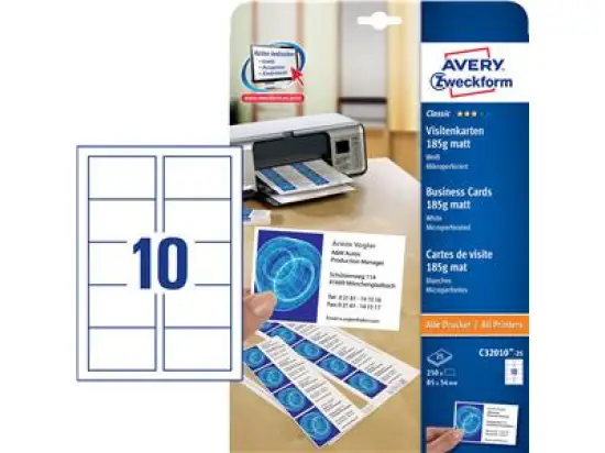 Visitenkarten Avery Zweckform C32010-25 Classic 85 x 54 mm, A4, 185g, mikroperforiert, beidseitig, weiß, matt, Inkjet Laser Kopierer, Pack 250 Stk/25 Blatt