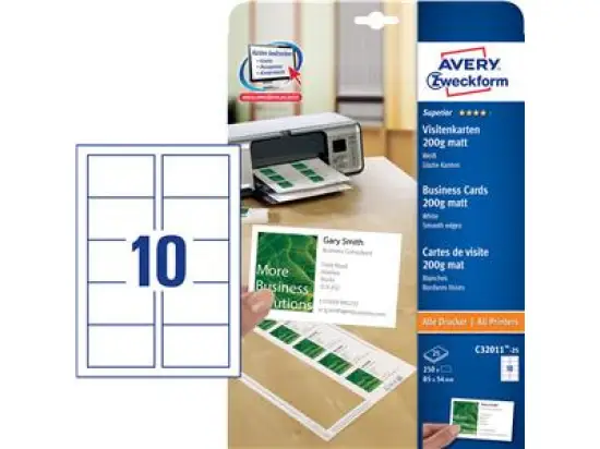 Visitenkarten Avery Zweckform C32011-25 Superior 85 x 54 mm, Karton 200g, matt, unbeschichtet, einseitig bedruckbar, glatte Kanten, weiß, Inkjet Laser Kopierer, Pack 250 Stk/25 Blatt