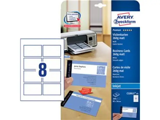 Visitenkarten Avery Zweckform C32015-25 Premium 85x54mm, 260g, weiß, matt, Inkjet, Pack 200 Stk