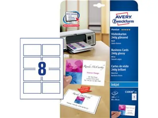 Visitenkarten Avery Zweckform C32028-25 85x54mm, 250g, weiß, spezialbeschichtet, Pack 200 Stk