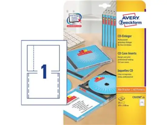 CD-Einleger Avery Zweckform C32250-25 151 x 118 mm Karton, weiß, mikroperforiert, Inkjet Laser Kopierer, Pack 25 Stk/25 Blatt