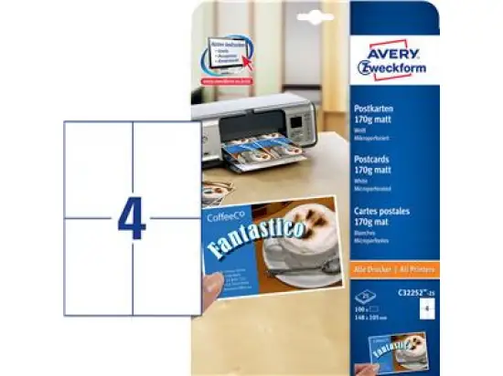 Postkarten Avery Zweckform C32252-25 148 x 105 mm A4, 170g, matt, weiß, mikroperforiert, Inkjet Laser Kopierer, Pack 100 Stk/25 Blatt