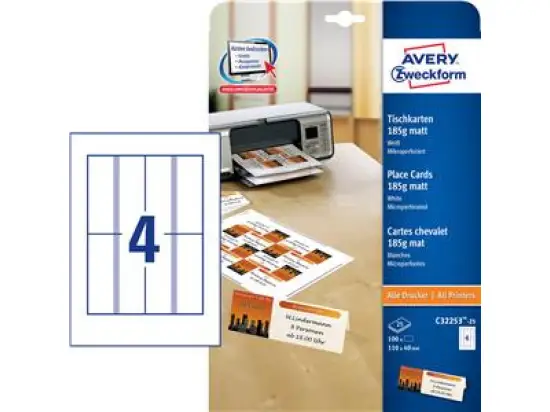Tischkarten Avery Zweckform C32253-25 110 x 40 mm A4, 185g, matt, weiß, mikroperforiert, Inkjet Laser Kopierer, Pack 100 Stk/25 Blatt