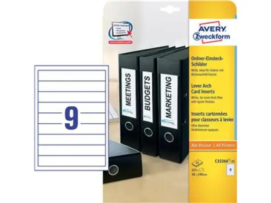 Ordner-Rückenschild Avery Zweckform C32266-25 kurz/schmal, Karton, zum Einstecken, blanko, weiß, Pack 225 Stk/25 Blatt