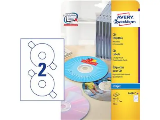 CD-Etiketten Avery Zweckform C6074-20 Ø 117 mm rund, weiß, selbstklebend, ClassicSize 41mm, Inkjet, Pack 40 Stk/20 Blatt