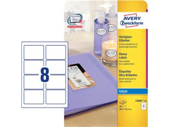 Etiketten Avery Zweckform C6081-10 88,9 x 63,5 mm weiß, hochglanz, selbstklebend, Inkjet, Pack 80 Stk/10 Blatt
