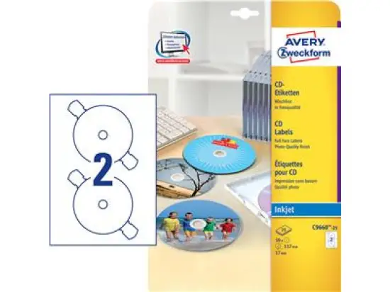 CD-Etiketten Avery Zweckform C9660-25 Ø 117 mm rund, weiß, hochglänzend, selbstklebend, SuperSize 17mm, Inkjet, Pack 50 Stk/25 Blatt
