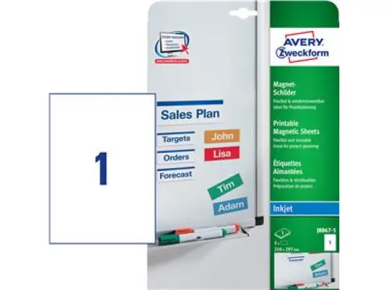 Magnet-Schilder Avery Zweckform J8867-5 210 x 297 mm A4, Metall, magnetisch haftend, bedruckbar, weiß, Inkjet, Pack 5 Stk/5 Bogen