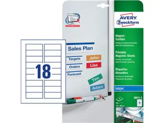 Magnet-Schilder Avery Zweckform J8871-5 78 x 28 mm A4, Metall, magnetisch haftend, bedruckbar, weiß, Inkjet, Pack 90 Stk/5 Bogen