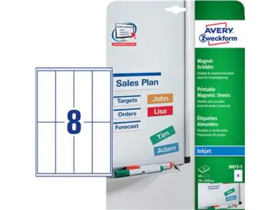 Magnet-Schilder Avery Zweckform J8875-5 50 x 140 mm A4, Metall, magnetisch haftend, bedruckbar, weiß, Inkjet, Pack 40 Stk/5 Bogen
