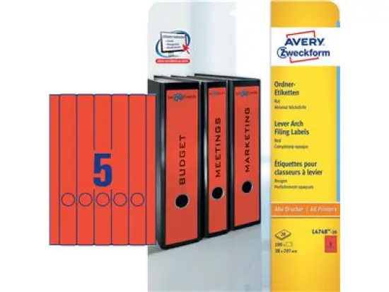 Ordner-Rückenschild Etiketten Avery Zweckform L4748-20 lang/schmal, selbstklebend, blanko, rot, Inkjet Laser Kopierer, Pack 100 Stk/20 Blatt