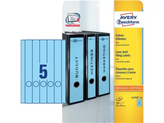 Ordner-Rückenschild Etiketten Avery Zweckform L4749-20 lang/schmal, selbstklebend, blanko, blau, Inkjet Laser Kopierer, Pack 100 Stk/20 Blatt