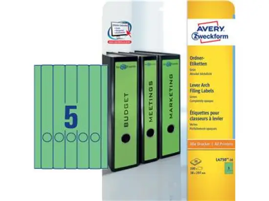 Ordner-Rückenschild Etiketten Avery Zweckform L4750-20 lang/schmal, selbstklebend, blanko, grün, Inkjet Laser Kopierer, Pack 100 Stk/20 Blatt