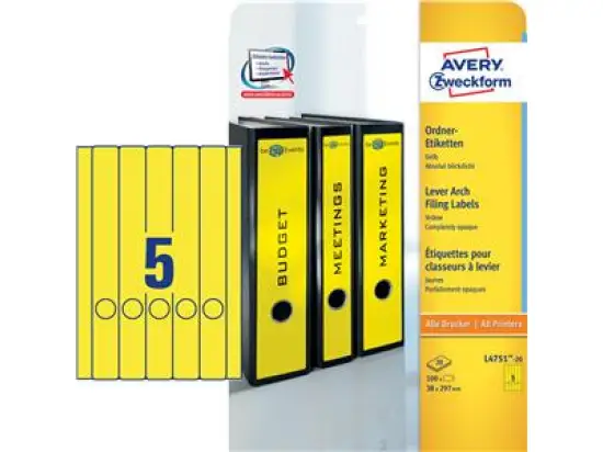 Ordner-Rückenschild Etiketten Avery Zweckform L4751-20 lang/schmal, selbstklebend, blanko, gelb, Inkjet Laser Kopierer, Pack 100 Stk/20 Blatt