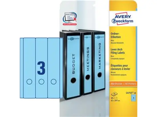 Ordner-Rückenschild Etiketten Avery Zweckform L4753-20 lang/breit, selbstklebend, blanko, blau, Inkjet Laser Kopierer, Pack 60 Stk/20 Blatt
