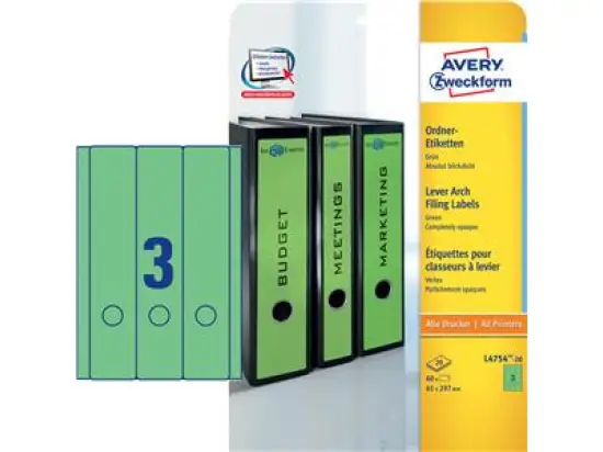 Ordner-Rückenschild Etiketten Avery Zweckform L4754-20 lang/breit, selbstklebend, blanko, grün, Inkjet Laser Kopierer, Pack 60 Stk/20 Blatt