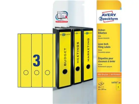 Ordner-Rückenschild Etiketten Avery Zweckform L4755-20 lang/breit, selbstklebend, blanko, gelb, Inkjet Laser Kopierer, Pack 60 Stk/20 Blatt