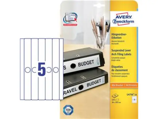 Ordner-Rückenschild Etiketten Avery Zweckform L4756-25 Hängeordner/schmal, selbstklebend, blanko, weiß, Inkjet Laser Kopierer, Pack 125 Stk/25 Blatt