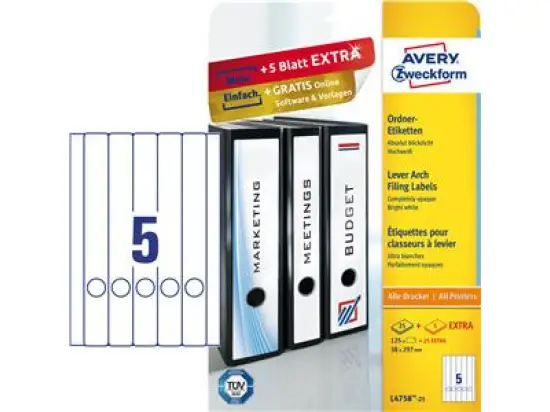 Ordner-Rückenschild Etiketten Avery Zweckform L4758-25 lang/schmal, selbstklebend, blanko, weiß, Inkjet Laser Kopierer, Pack 150 Stk/30 Blatt