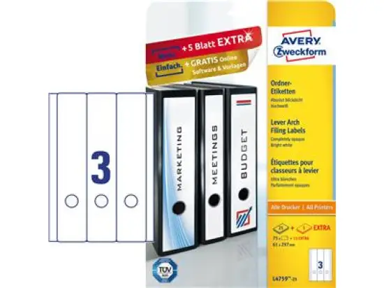 Ordner-Rückenschild Etiketten Avery Zweckform L4759-25 lang/breit, selbstklebend, blanko, weiß, Inkjet Laser Kopierer, Pack 90 Stk/30 Blatt