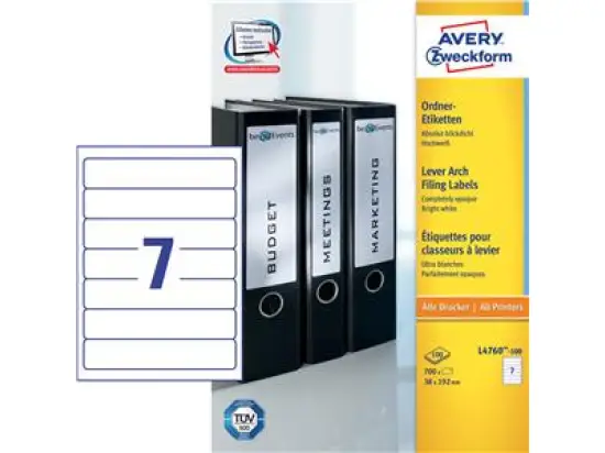 Ordner-Rückenschild Etiketten Avery Zweckform L4760-100 kurz/schmal, selbstklebend, blanko, weiß, Inkjet Laser Kopierer, Pack 700 Stk/100 Blatt
