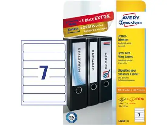 Ordner-Rückenschild Etiketten Avery Zweckform L4760-25 kurz/schmal, selbstklebend, blanko, weiß, Inkjet Laser Kopierer, Pack 210 Stk/30 Blatt